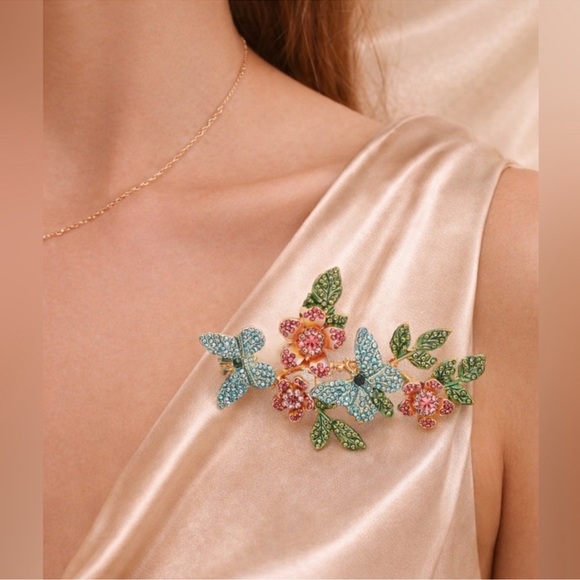 Anthropologie Jewelry - Avangarde Green Floral Butterfly Crystal Brooch